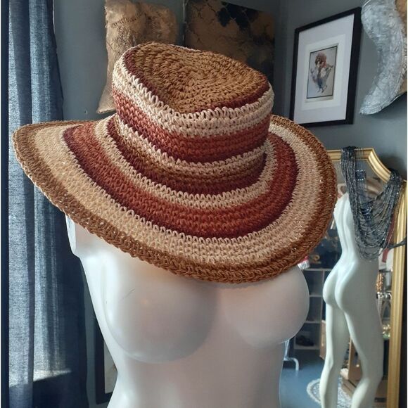 Zara Raffia Straw Striped Tan and Brown Floppy Sun Hat - Picture 14 of 14